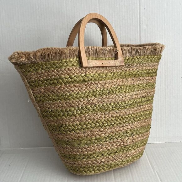 Antik Kraft Handbags - ANTIK KRAFT Woven Jute Tote Bag Wood Handles Beach Boho Market Basket Coastal